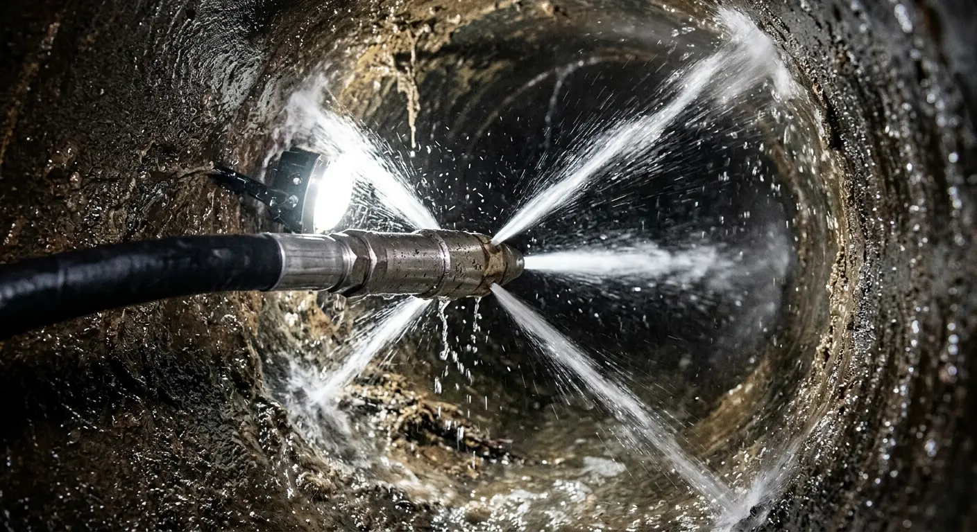 High-pressure hydro jetting nozzle cleaning sewer pipe for Sewer Cleanout in Mounds View