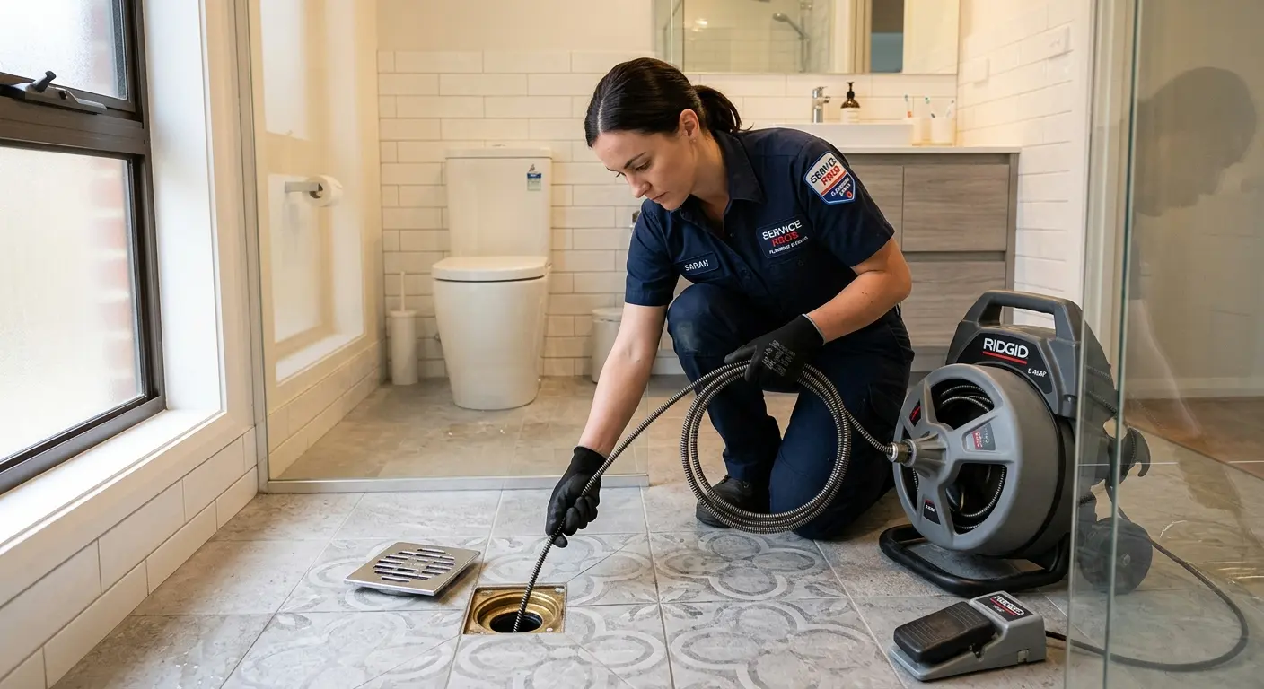 Technician clearing a bathroom floor drain for Drain Repair in Mounds View